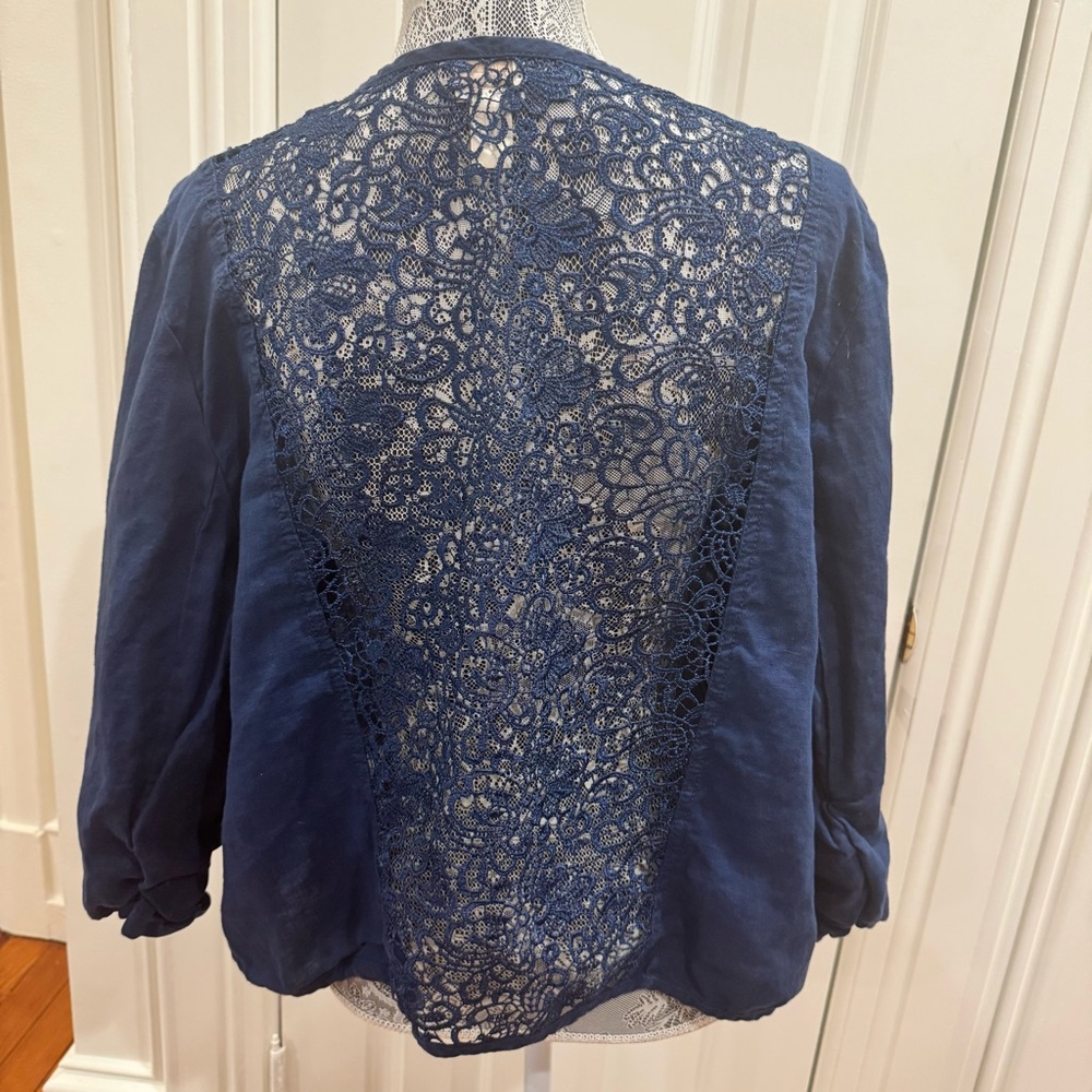 Chico's 100% Linen Cardigan with Lace Back Size 3 (XL) Cottagecore Preppy